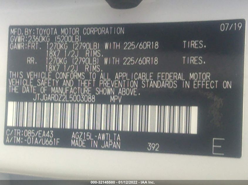 Auction sale of the 2020 LEXUS NX , vin: JTJGARDZ2L5003088, lot number: 32145580