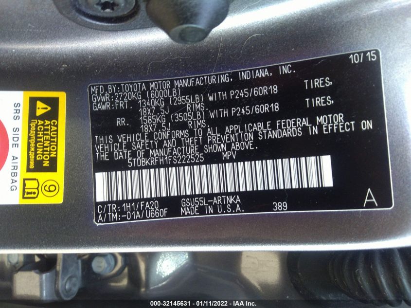 2015 TOYOTA HIGHLANDER LE 5TDBKRFH1FS222525