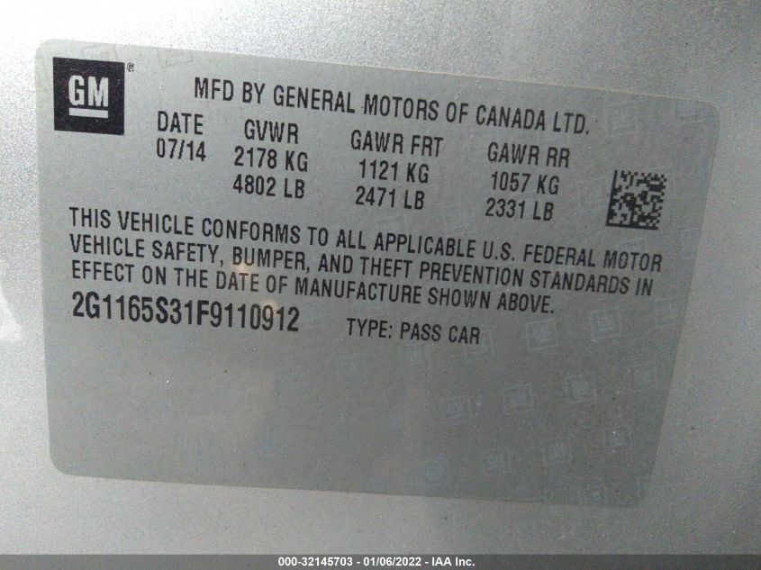 2015 CHEVROLET IMPALA LTZ 2G1165S31F9110912