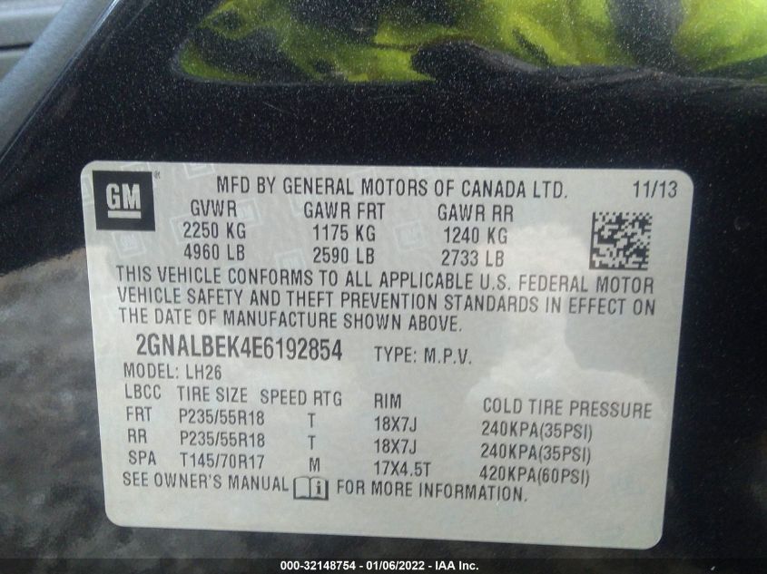 2014 CHEVROLET EQUINOX LT 2GNALBEK4E6192854