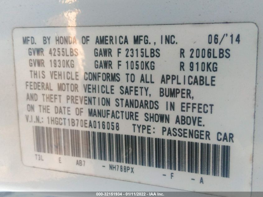 2014 HONDA ACCORD COUPE EX 1HGCT1B70EA016058
