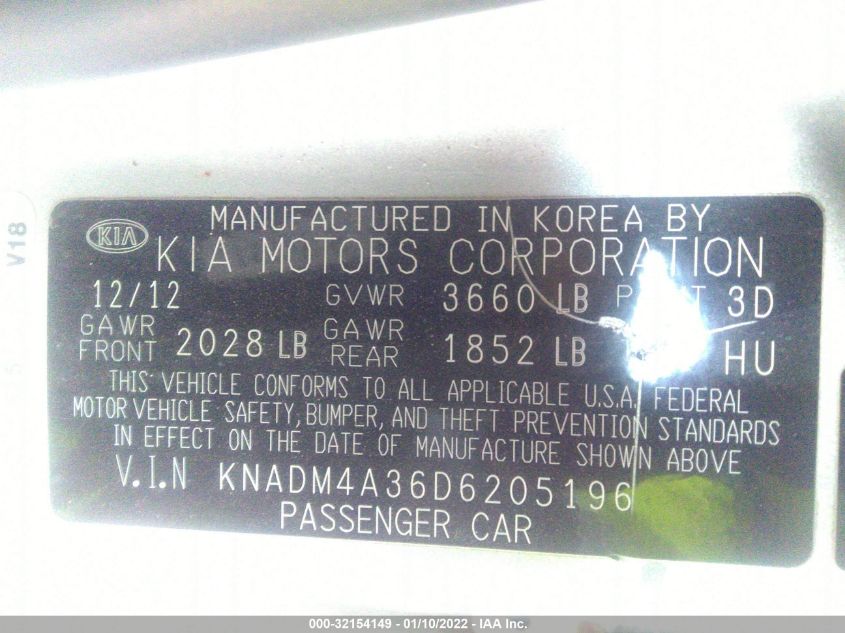 2013 KIA RIO LX KNADM4A36D6205196