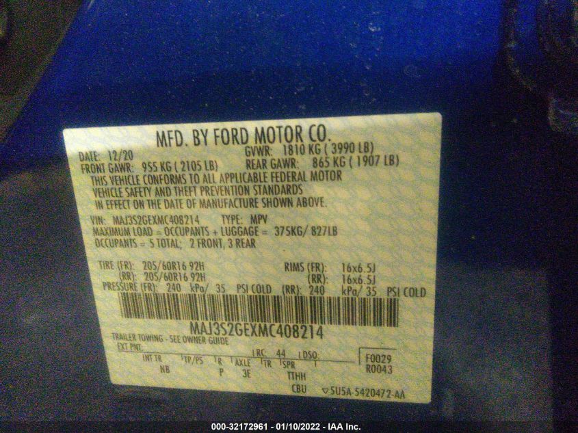 2021 FORD ECOSPORT SE MAJ3S2GEXMC408214