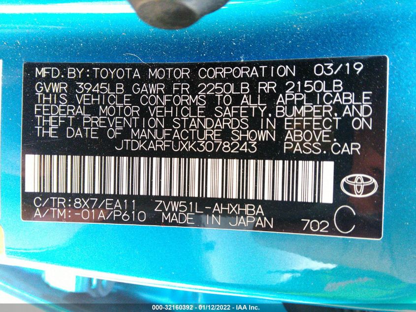2019 TOYOTA PRIUS L ECO/LE/XLE/LIMITED JTDKARFUXK3078243