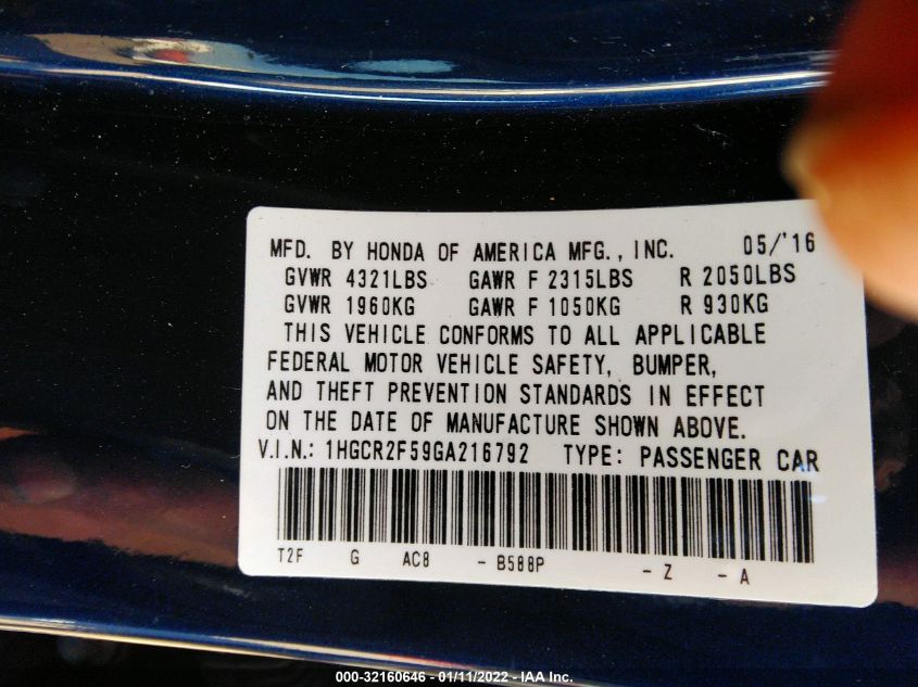 2016 HONDA ACCORD SEDAN SPORT 1HGCR2F59GA216792