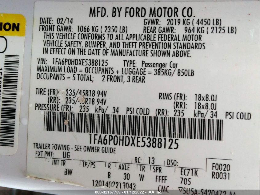 2014 FORD FUSION SE 1FA6P0HDXE5388125