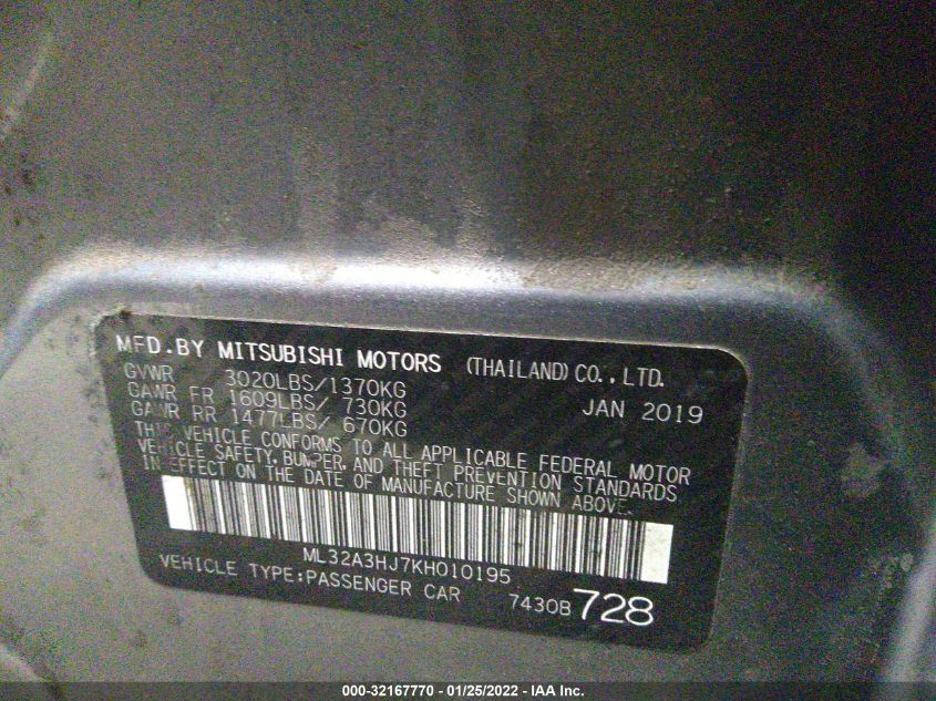 2019 MITSUBISHI MIRAGE ES/RF ML32A3HJ7KH010195