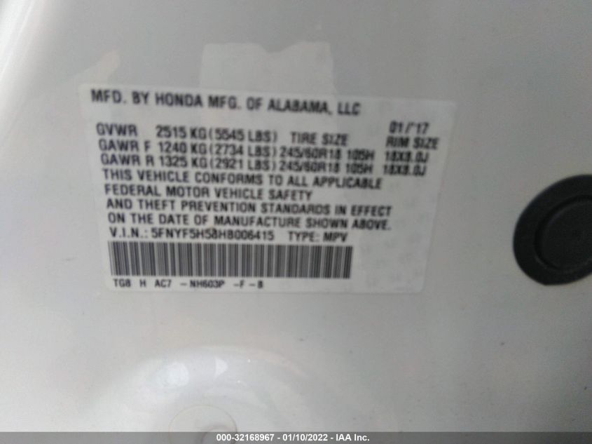 2017 HONDA PILOT EX-L 5FNYF5H58HB006415