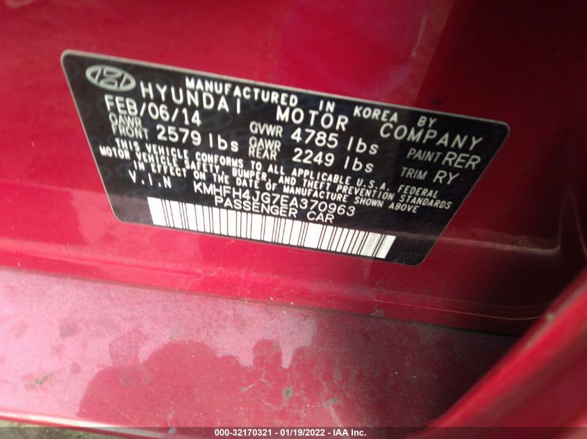 2014 HYUNDAI AZERA LIMITED KMHFH4JG7EA370963