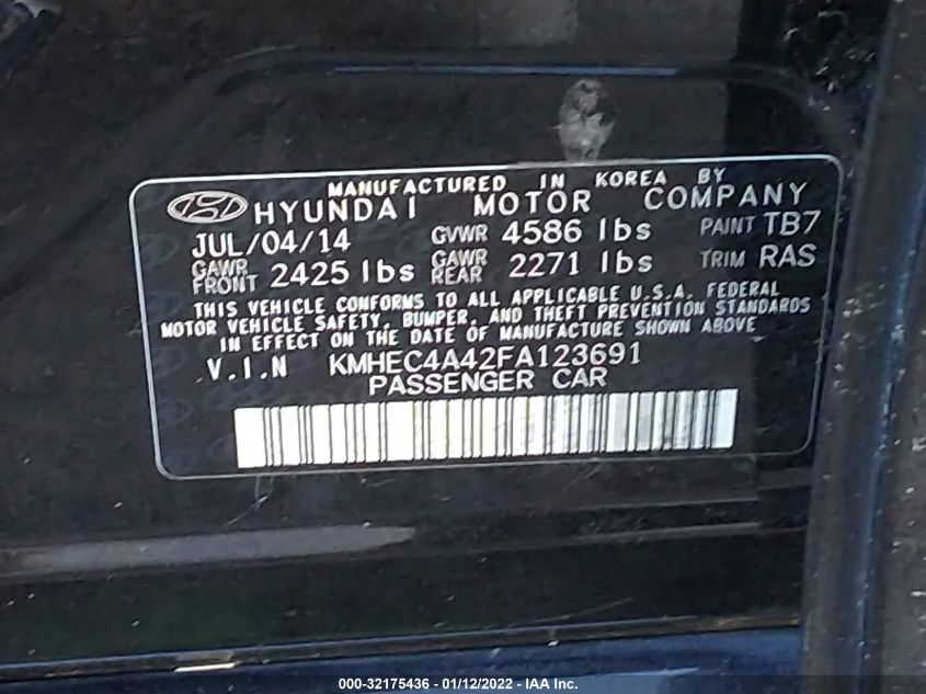 2015 HYUNDAI SONATA HYBRID LIMITED KMHEC4A42FA123691