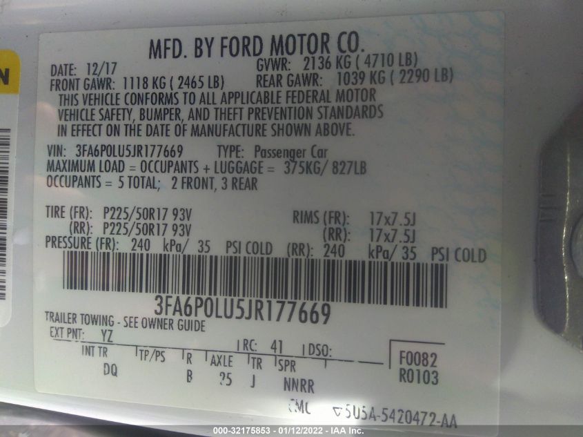 2018 FORD FUSION HYBRID SE 3FA6P0LU5JR177669
