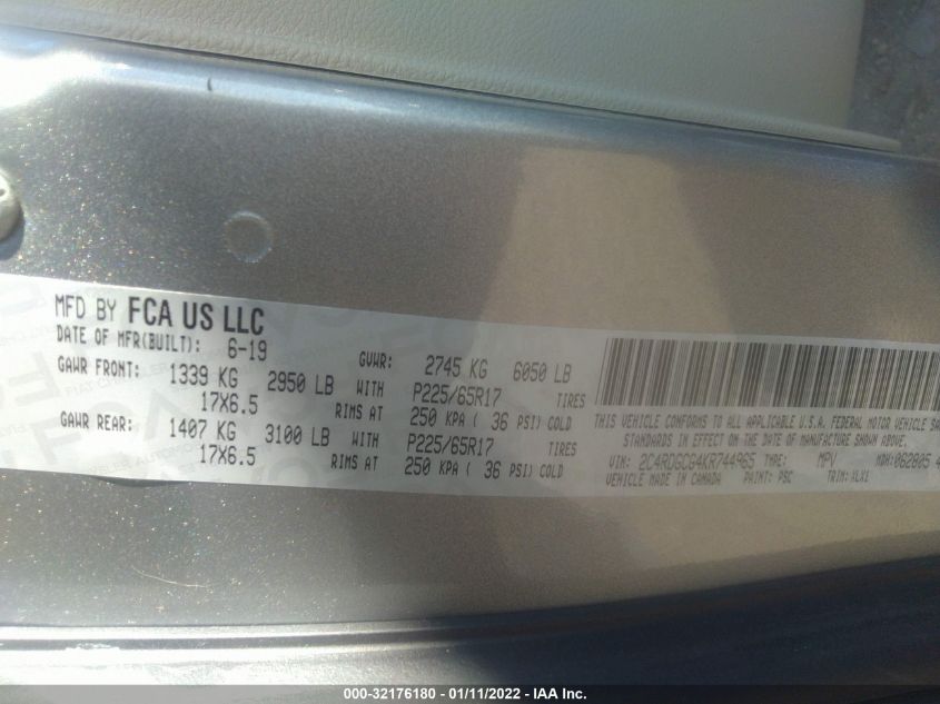2019 DODGE GRAND CARAVAN SXT 2C4RDGCG4KR744965