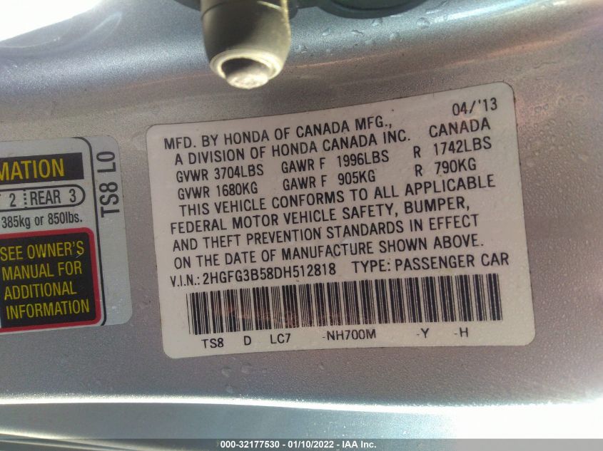 2013 HONDA CIVIC CPE LX 2HGFG3B58DH512818