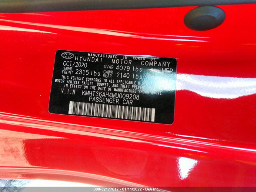 2021 HYUNDAI VELOSTER N KMHT36AH4MU009208