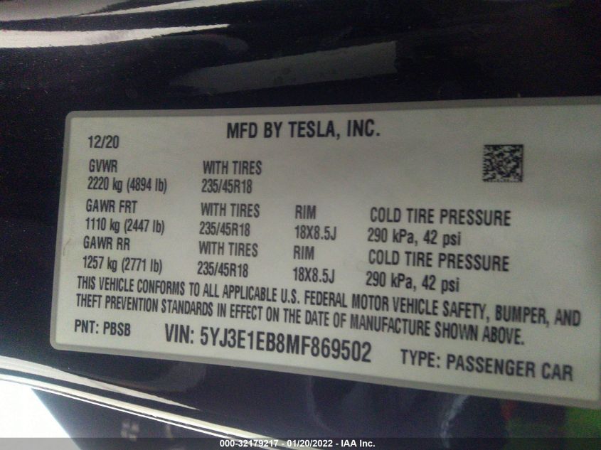 2021 TESLA MODEL 3 LONG RANGE 5YJ3E1EB8MF869502