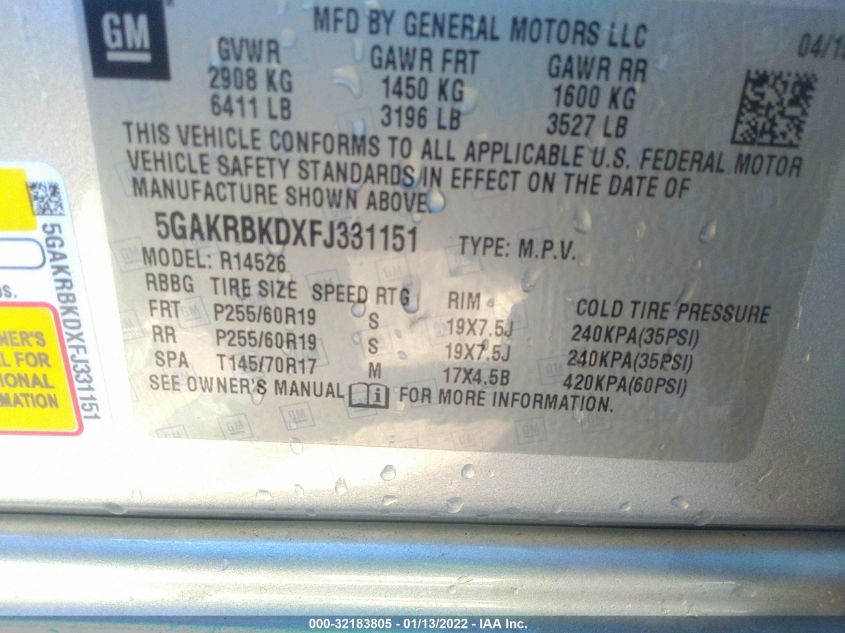 2015 BUICK ENCLAVE LEATHER 5GAKRBKDXFJ331151