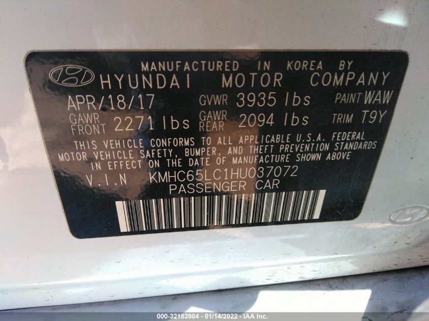 2017 HYUNDAI IONIQ HYBRID BLUE KMHC65LC1HU037072