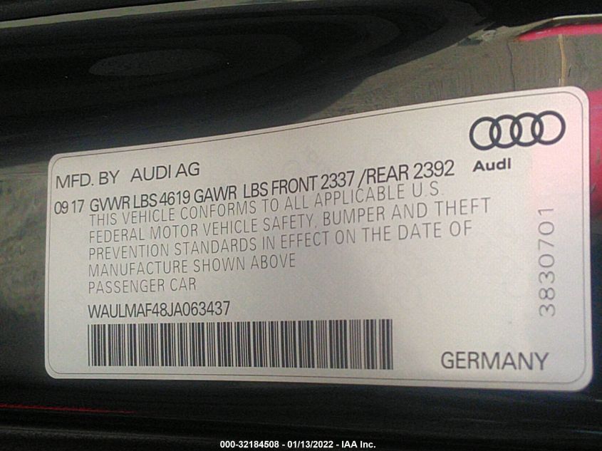 2018 AUDI A4 PREMIUM PLUS WAULMAF48JA063437