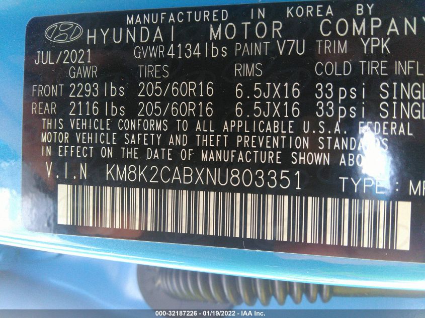 2022 HYUNDAI KONA SE KM8K2CABXNU803351