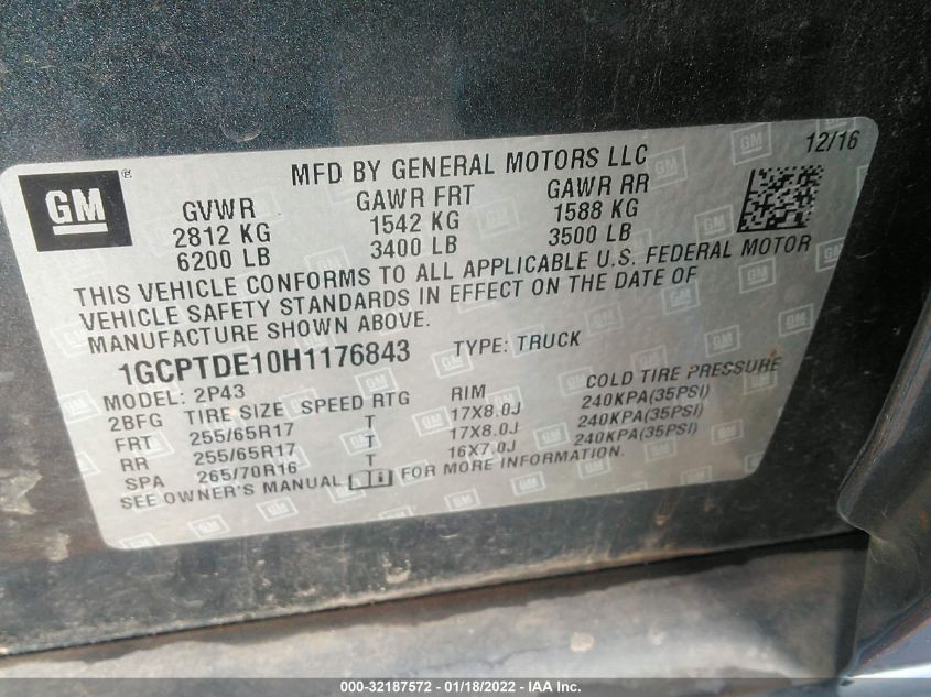 2017 CHEVROLET COLORADO 4WD Z71 1GCPTDE10H1176843