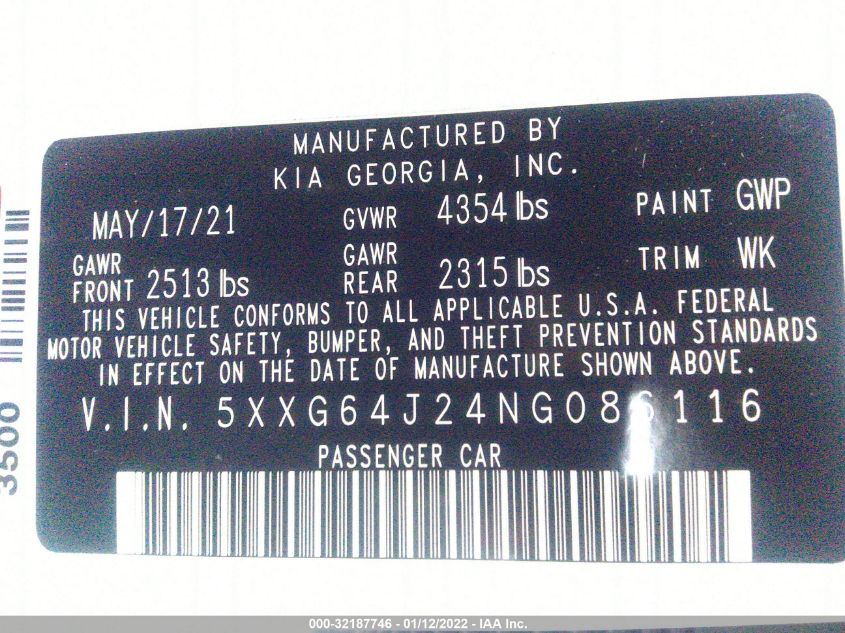 2022 KIA K5 GT-LINE 5XXG64J24NG086116