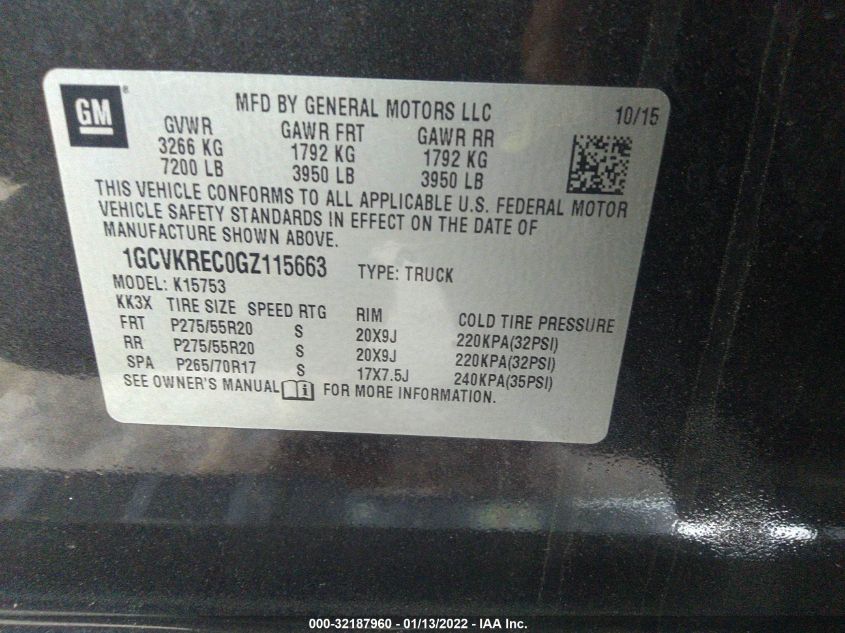 2016 CHEVROLET SILVERADO 1500 LT 1GCVKREC0GZ115663