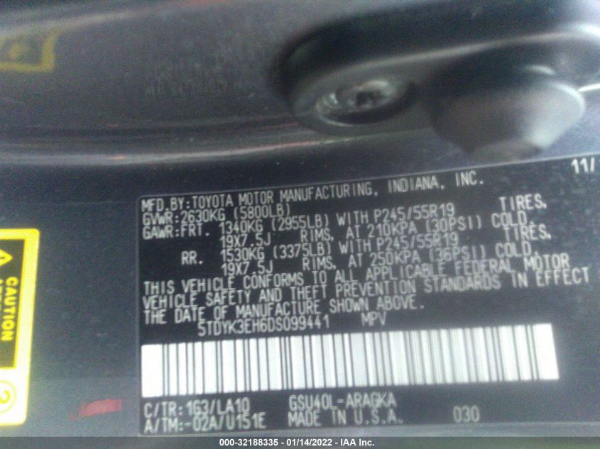 2013 TOYOTA HIGHLANDER LIMITED 5TDYK3EH6DS099441
