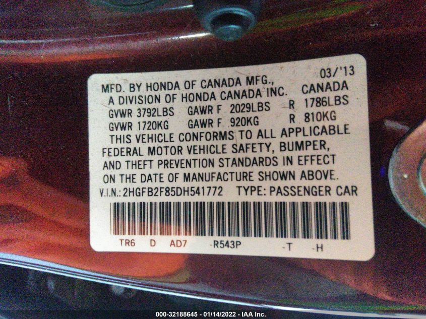 2013 HONDA CIVIC SDN EX 2HGFB2F85DH541772