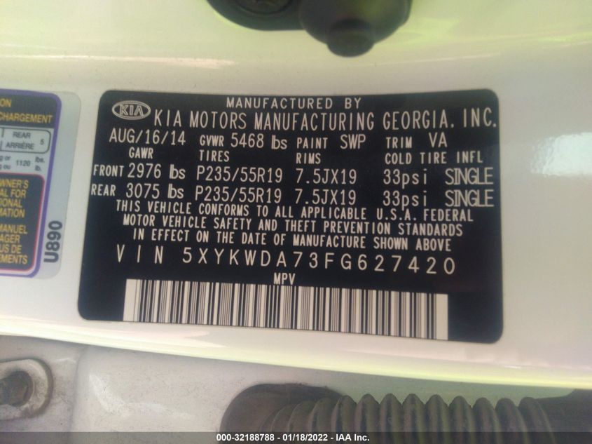 2015 KIA SORENTO SX LIMITED 5XYKWDA73FG627420