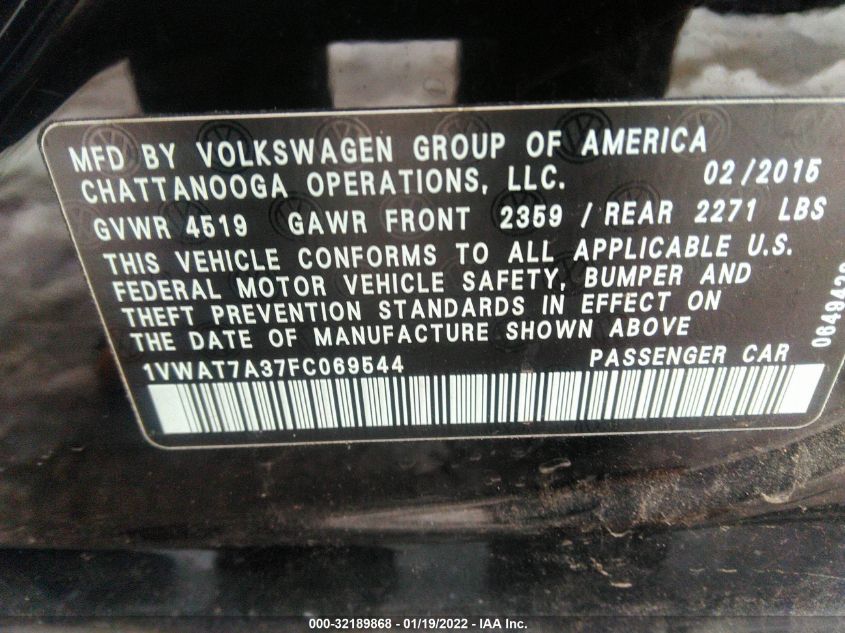 2015 VOLKSWAGEN PASSAT 1.8T WOLFSBURG ED 1VWAT7A37FC069544