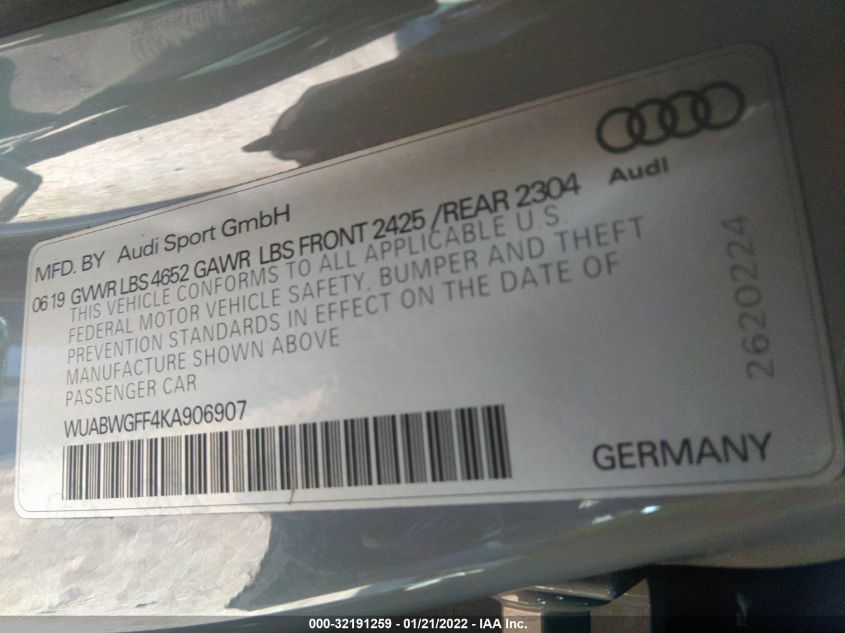 2019 AUDI RS 3 WUABWGFF4KA906907