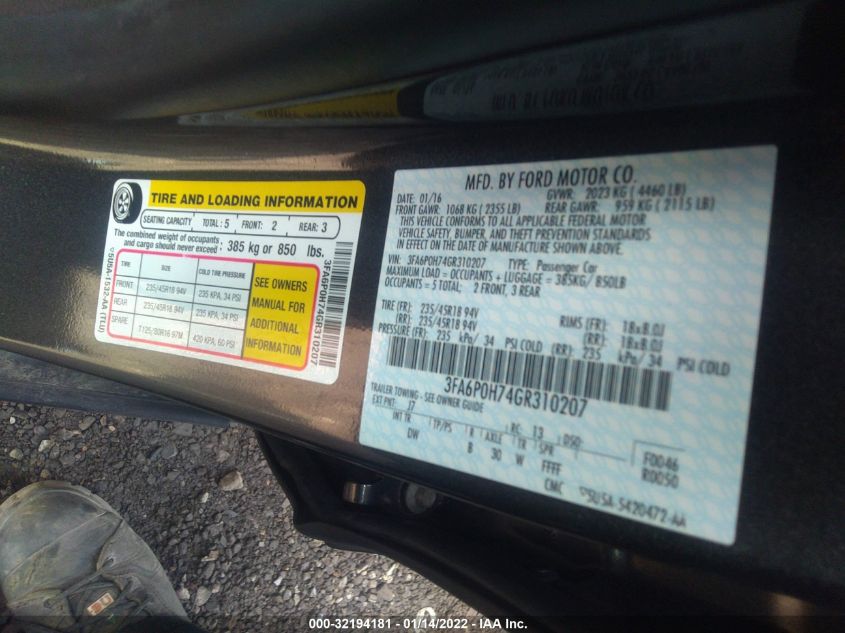 2016 FORD FUSION SE 3FA6P0H74GR310207