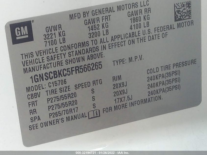 2015 CHEVROLET TAHOE LT 1GNSCBKC5FR566265