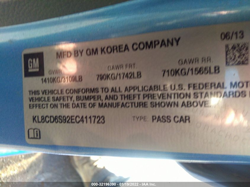 2014 CHEVROLET SPARK LT KL8CD6S92EC411723