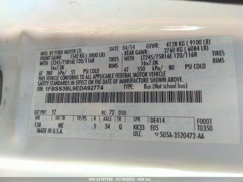 2014 FORD ECONOLINE WAGON XL/XLT 1FBSS3BL9EDA92774