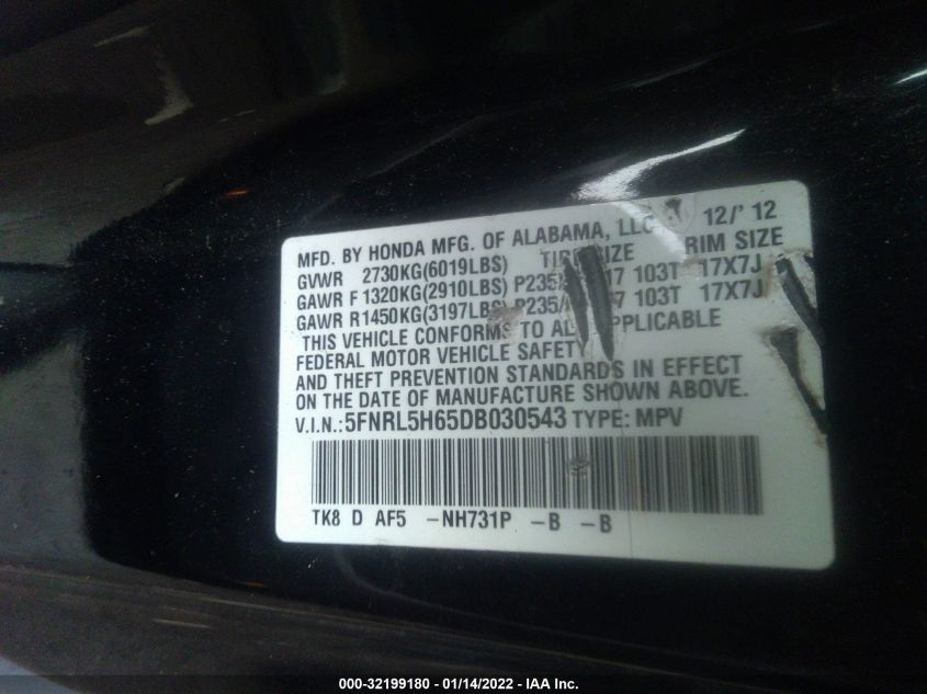 2013 HONDA ODYSSEY EX-L 5FNRL5H65DB030543