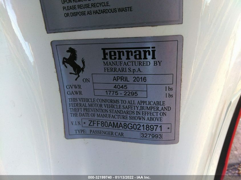 2016 FERRARI 488 SPIDER ZFF80AMA8G0218971