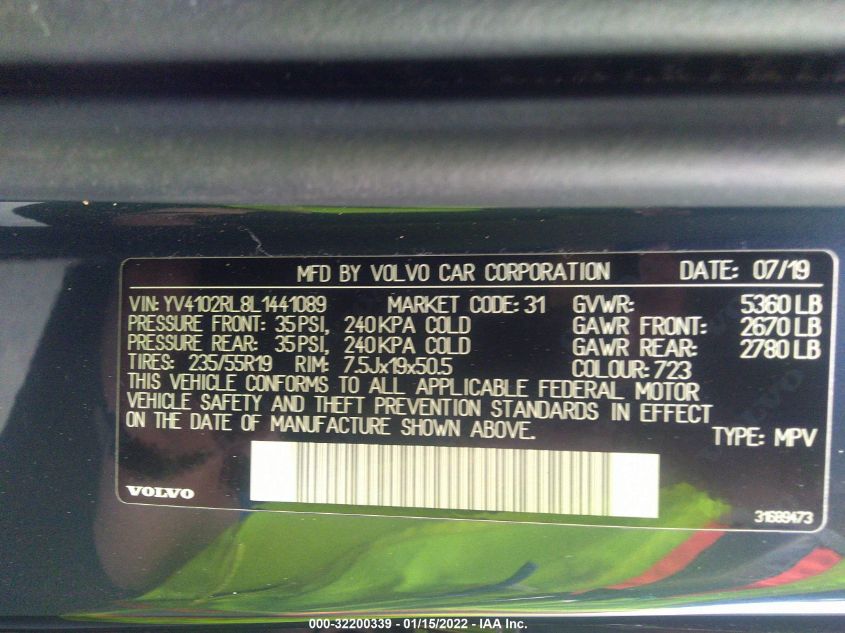 2020 VOLVO XC60 INSCRIPTION YV4102RL8L1441089