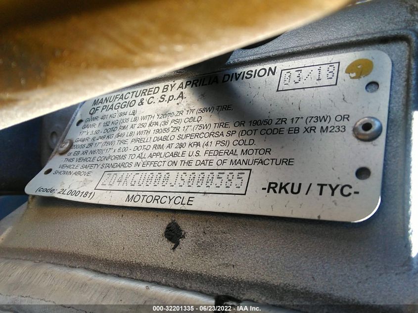 2018 APRILIA TUNOV41100 ZD4KGU000JS000585