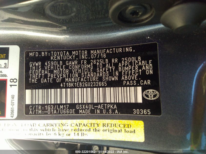 2016 TOYOTA AVALON LIMITED/TOURING/XLE 4T1BK1EB2GU232665