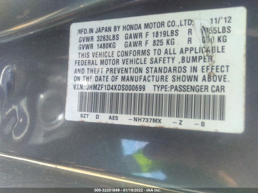2013 HONDA CR-Z JHMZF1D4XDS000699