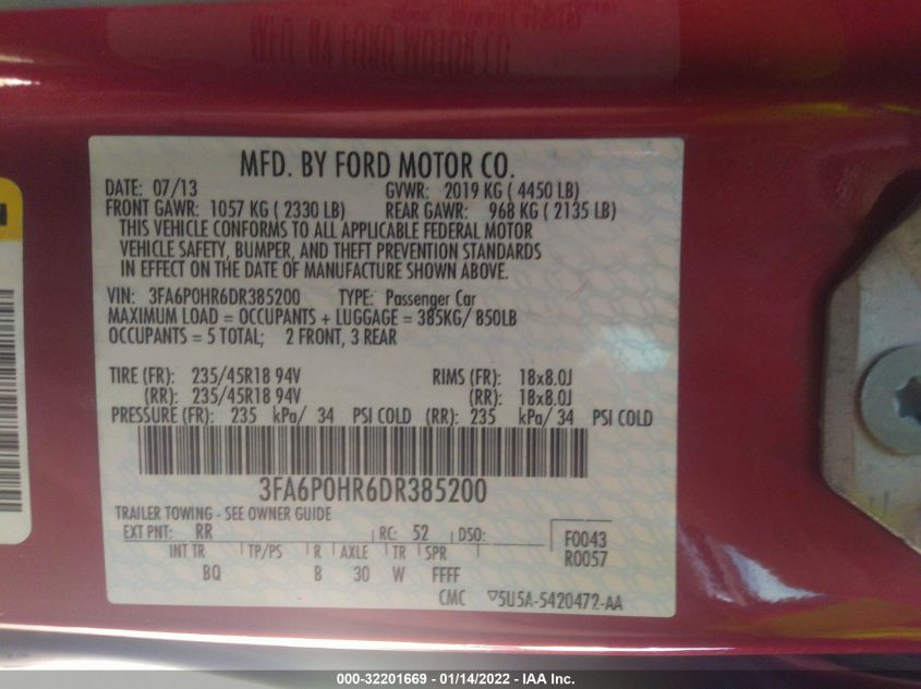 2013 FORD FUSION SE 3FA6P0HR6DR385200