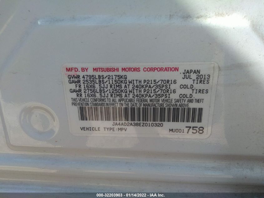 2014 MITSUBISHI OUTLANDER ES JA4AD2A38EZ010320