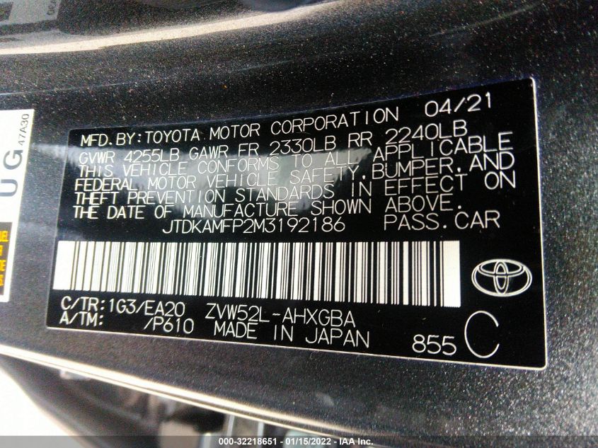 2021 TOYOTA PRIUS PRIME LE/XLE/LIMITED JTDKAMFP2M3192186
