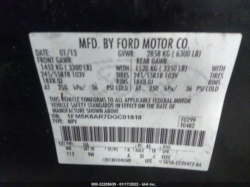 2013 FORD UTILITY POLICE 1FM5K8AR7DGC01818