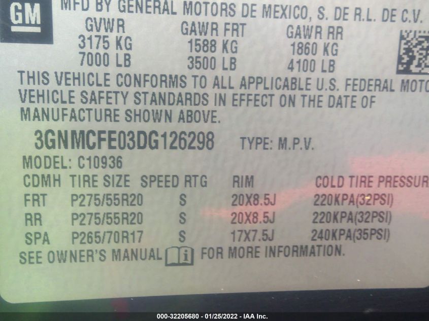 2013 CHEVROLET AVALANCHE LT 3GNMCFE03DG126298