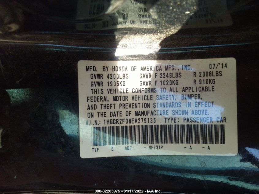 2014 HONDA ACCORD SEDAN LX 1HGCR2F38EA279135