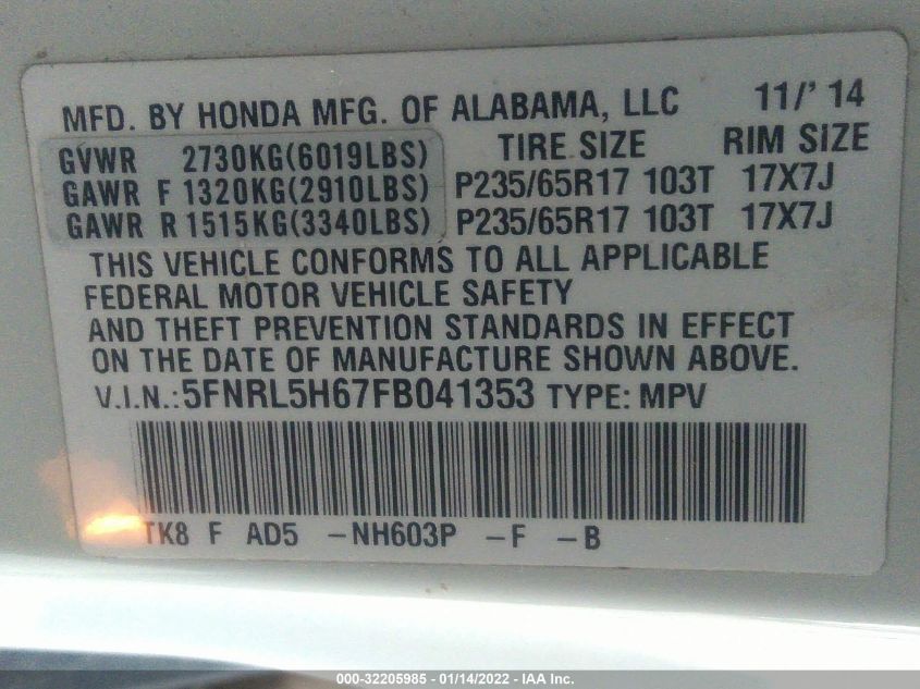 2015 HONDA ODYSSEY EX-L 5FNRL5H67FB041353