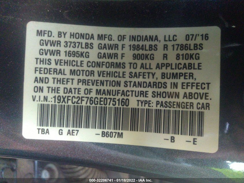 2016 HONDA CIVIC SEDAN EX 19XFC2F76GE075160