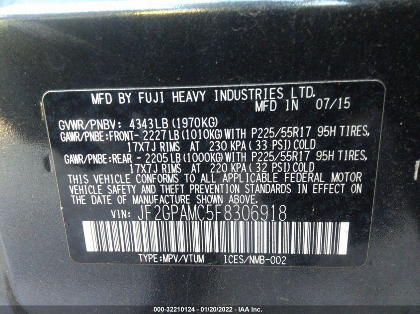 2015 SUBARU XV CROSSTREK LIMITED JF2GPAMC5F8306918